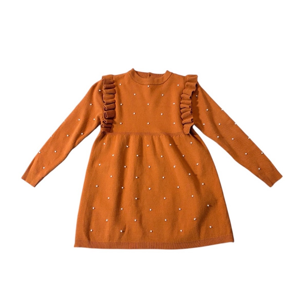 Young Girl’s Pearl Beaded Ruffled Long  Sleeve Sweater Dress Size 5XL